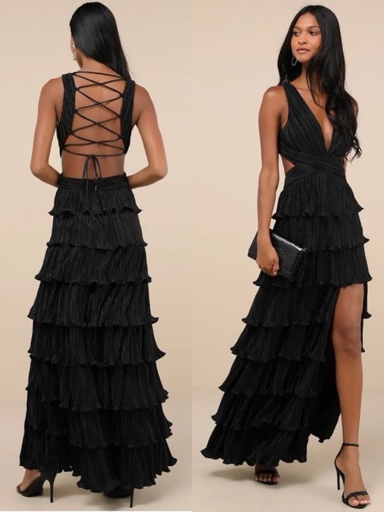 Lulus Dresses & Skirts - NWT Lulu’s Beauty Icon Black Satin Pleated Tiered Lace-Up Maxi Dress Medium Chic
